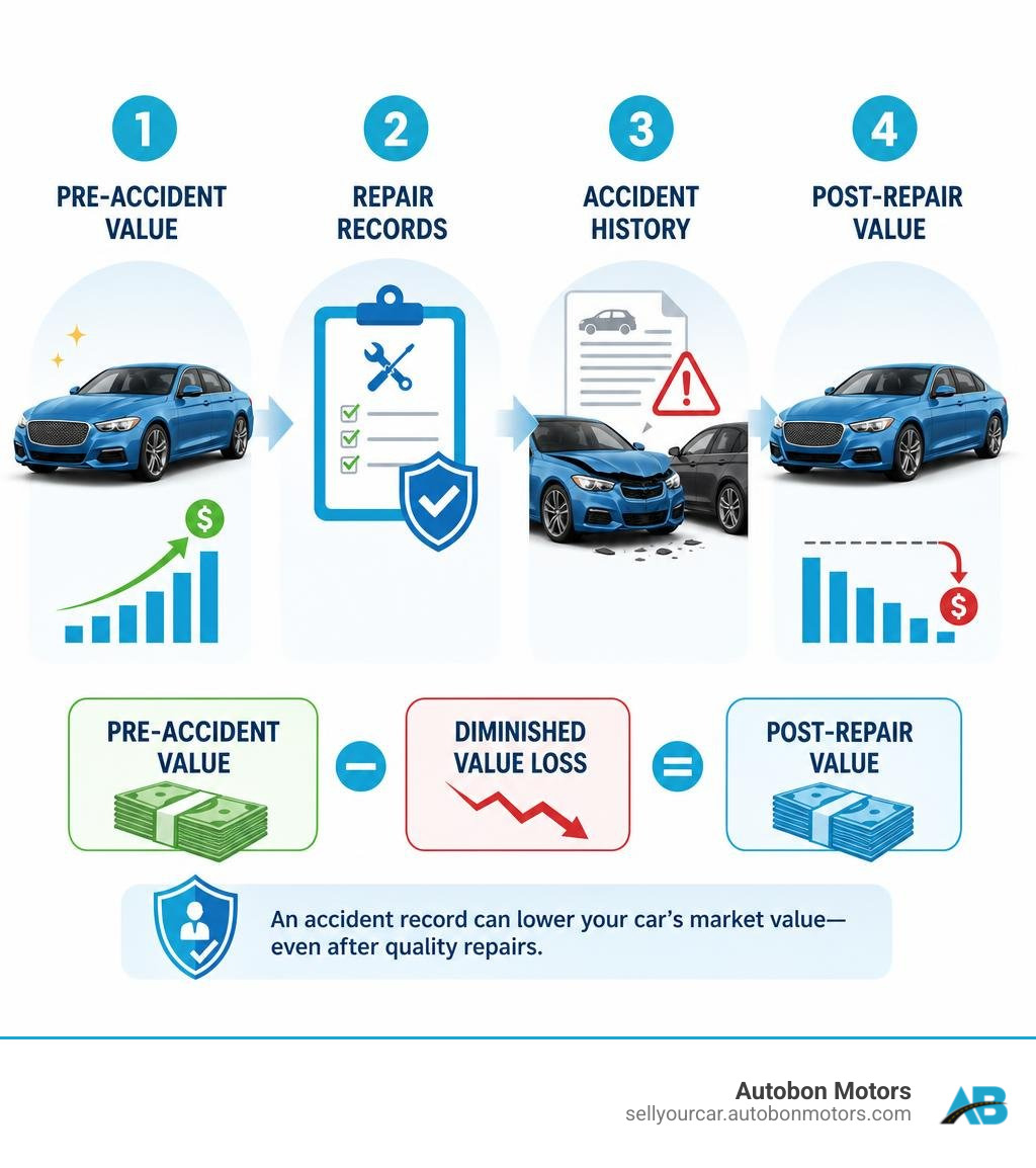 Infographic showing pre-accident value, repair records, accident history, and post-repair value infographic Infographic showing pre-accident value, repair records, accident history, and post-repair value infographic
