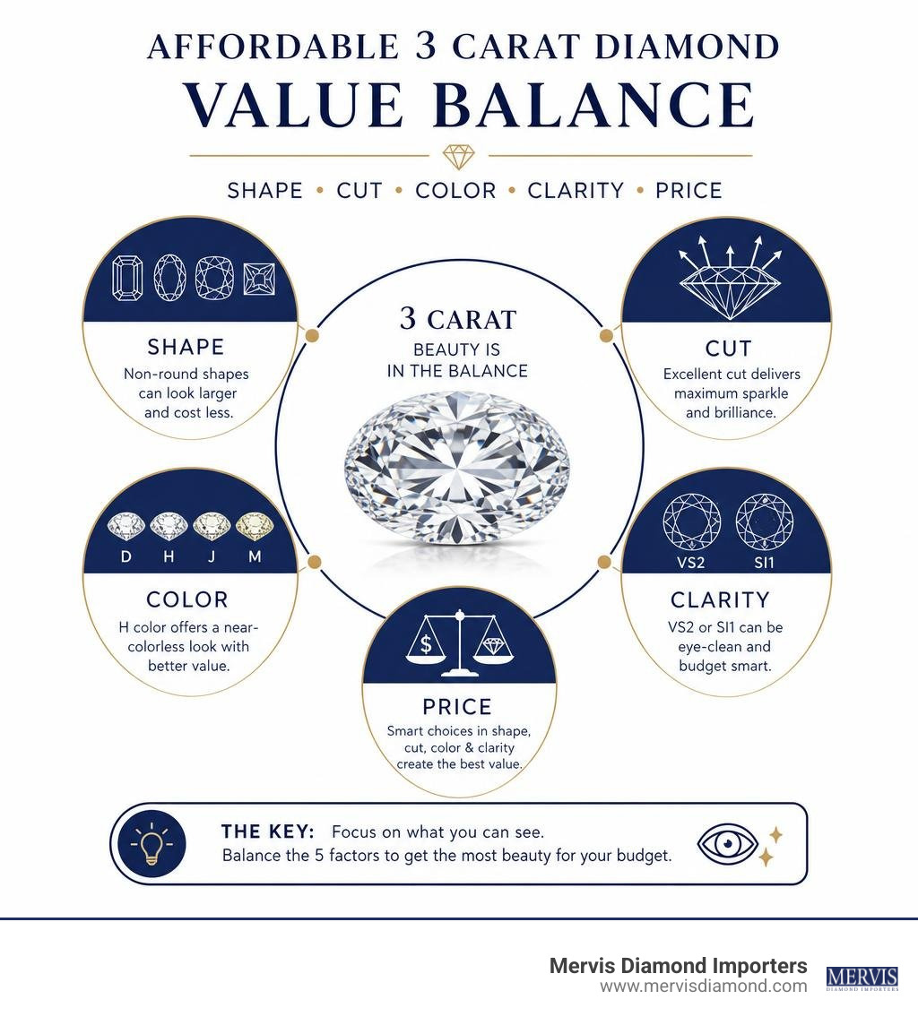 Affordable 3 carat diamond value balance: shape, cut, color clarity, and price infographic