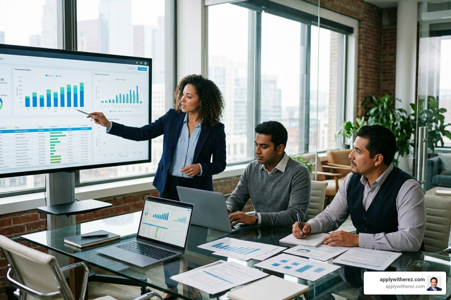 Mortgage team analyzing loan data and client pipelines in modern office