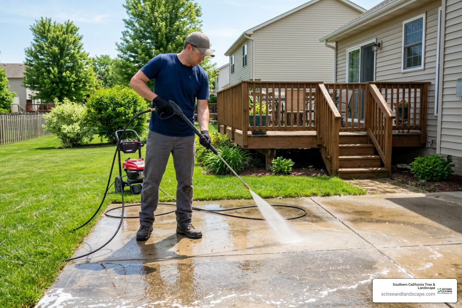 Pressure washing a concrete patio slab Pressure washing a concrete patio slab