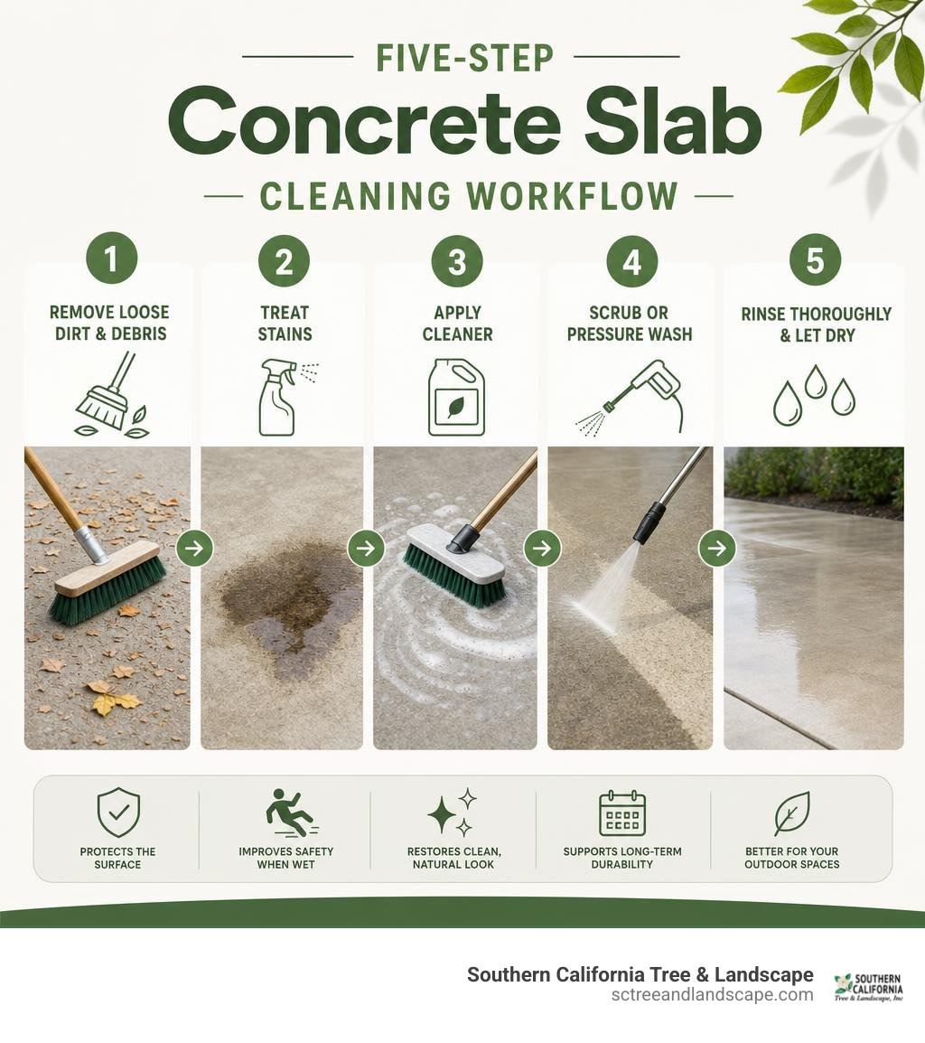 Five-step concrete slab cleaning workflow infographic Five-step concrete slab cleaning workflow infographic