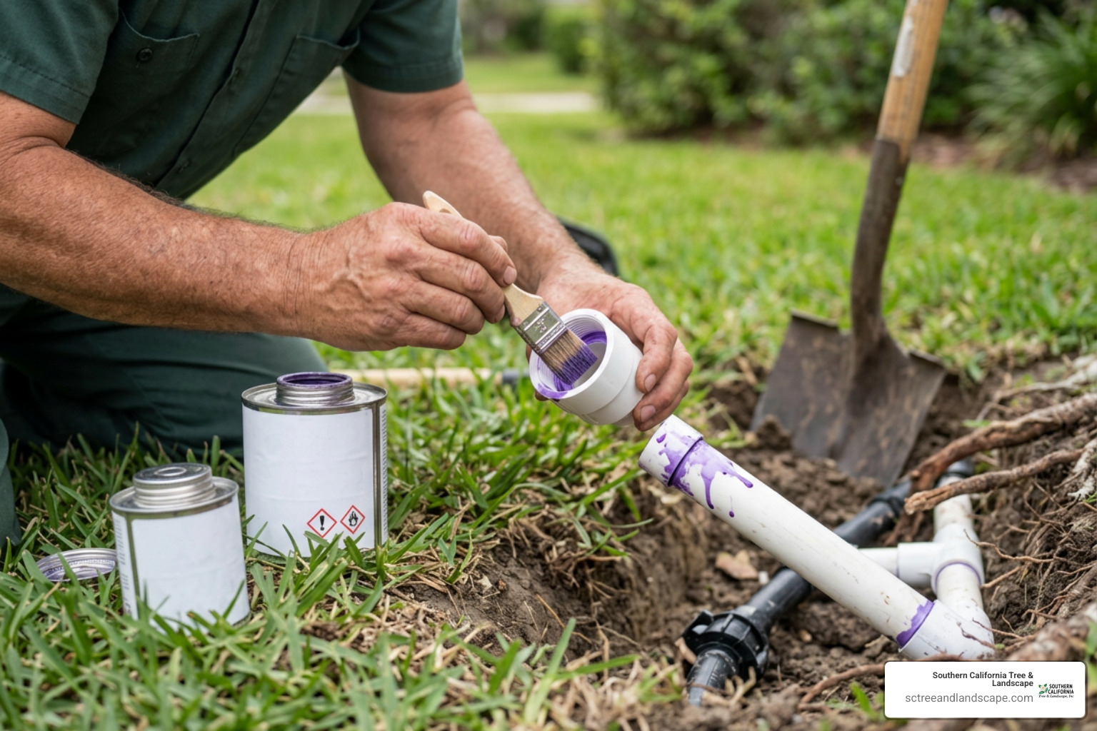 applying purple primer and solvent cement to a PVC pipe repair coupling