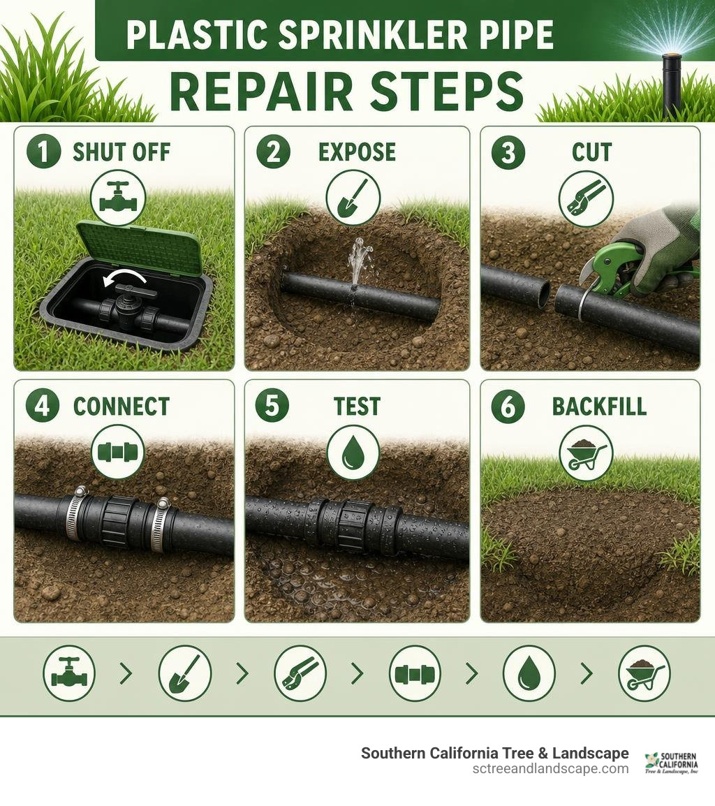 Plastic sprinkler pipe repair steps: shut off, expose, cut, connect, test, backfill infographic