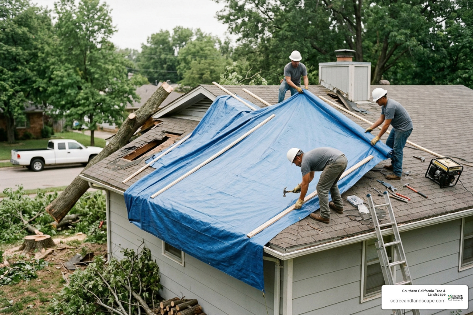 Emergency tarping and roof stabilization after tree removal Emergency tarping and roof stabilization after tree removal