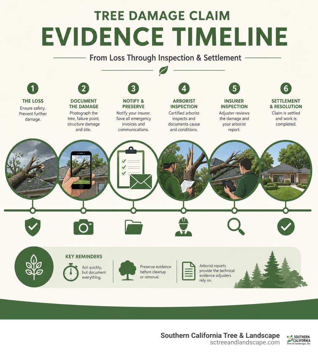 Tree damage claim evidence timeline from loss through inspection and settlement infographic Tree damage claim evidence timeline from loss through inspection and settlement infographic