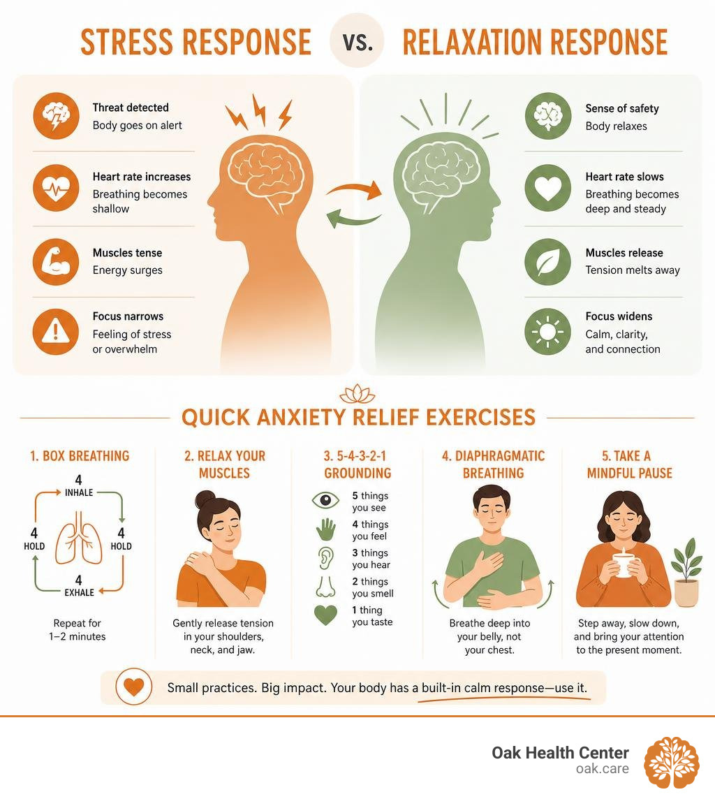 Stress response versus relaxation response and quick anxiety relief exercises infographic Stress response versus relaxation response and quick anxiety relief exercises infographic