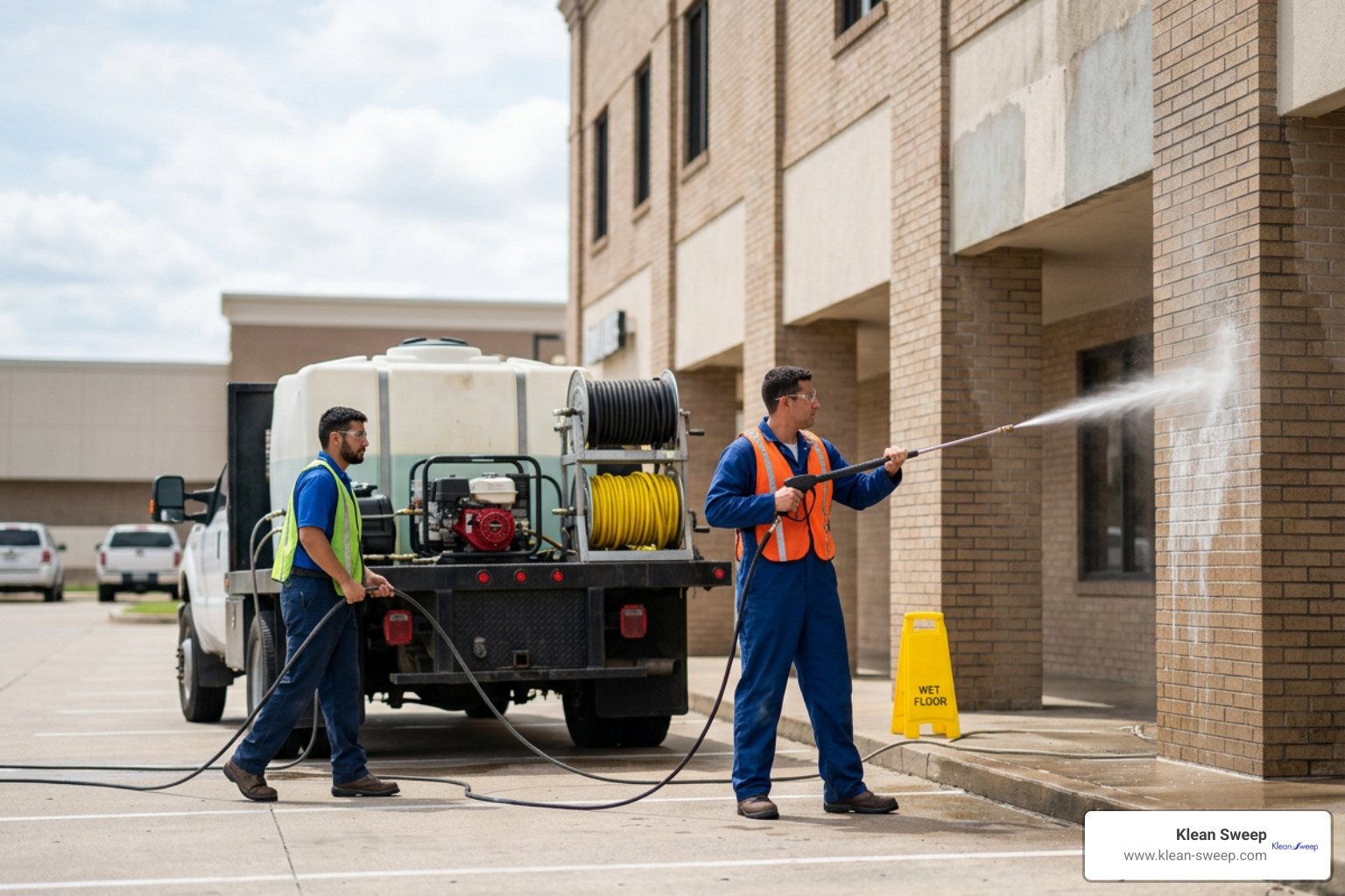 commercial power washing rig and crew in blue uniforms