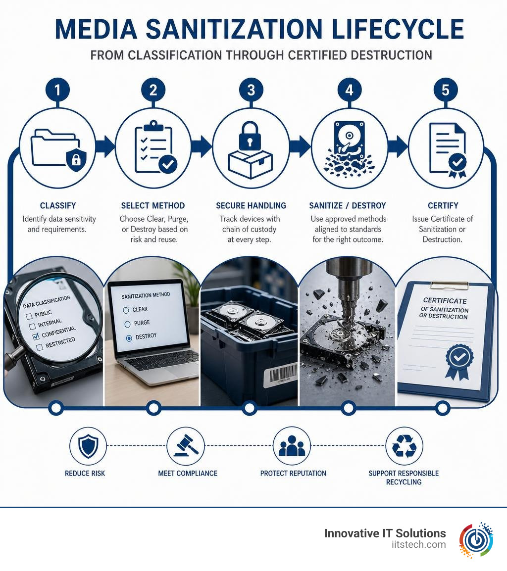 Media sanitization lifecycle from classification through certified destruction infographic Media sanitization lifecycle from classification through certified destruction infographic