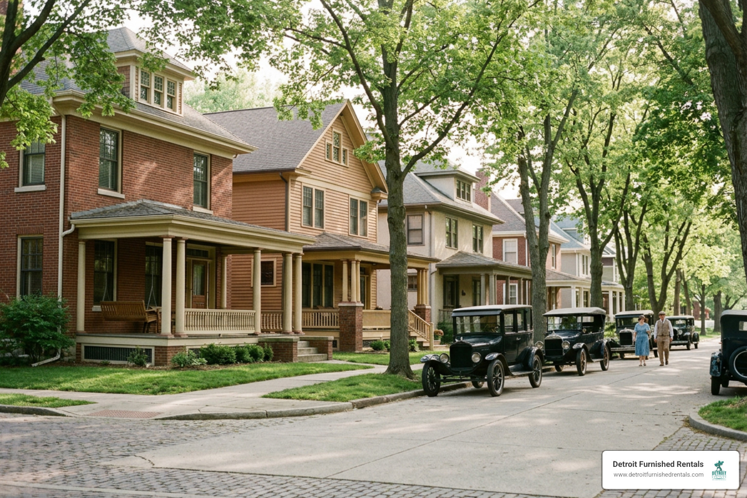 Historic early 20th-century colonial homes along a tree-lined street Historic early 20th-century colonial homes along a tree-lined street