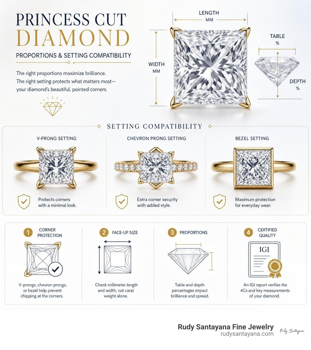 Princess cut diamond proportions and setting compatibility infographic Princess cut diamond proportions and setting compatibility infographic