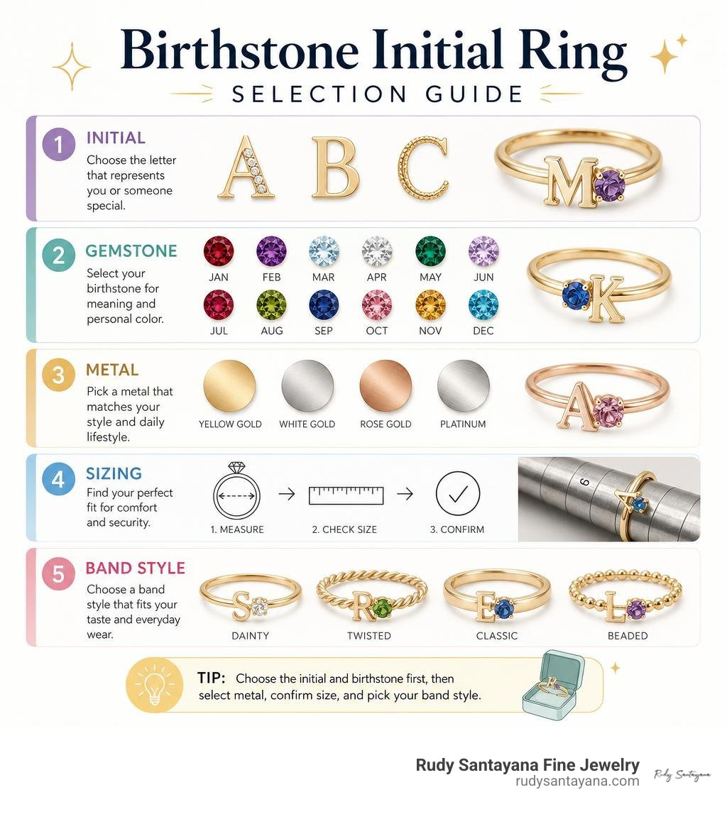 Birthstone initial ring selection guide: initial, gemstone, metal, sizing, and band style infographic