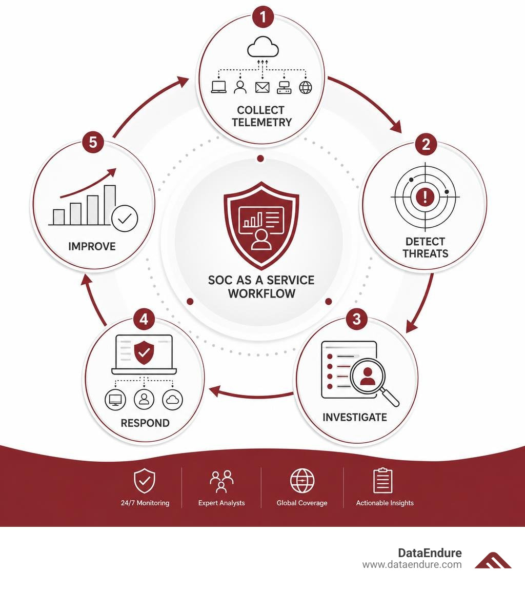 SOC as a service workflow: collect telemetry, detect threats, investigate, respond, improve infographic SOC as a service workflow: collect telemetry, detect threats, investigate, respond, improve infographic