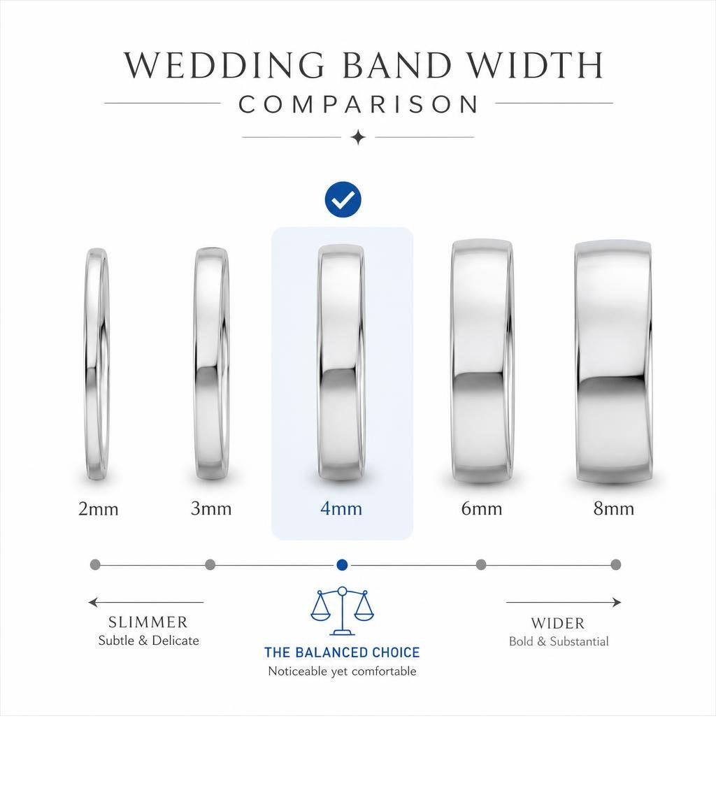 Wedding band width comparison from 2mm to 8mm with 4mm highlighted infographic