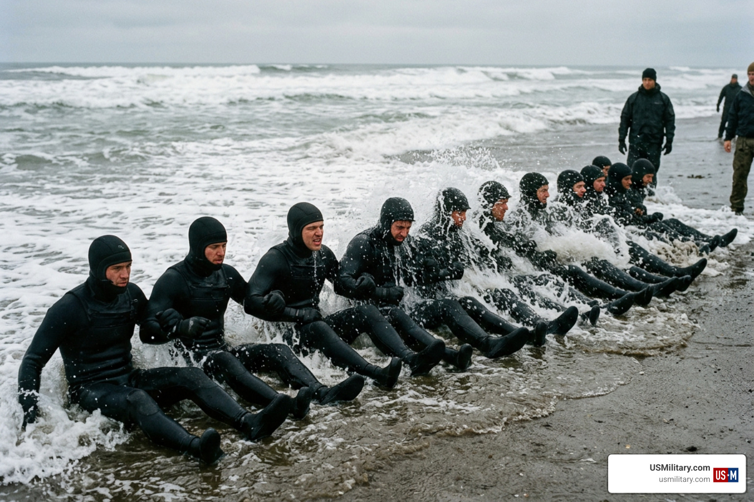 BUD/S trainees enduring surf conditioning on the beach BUD/S trainees enduring surf conditioning on the beach