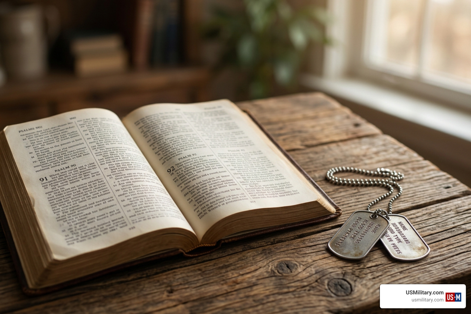 Open Bible next to military dog tags on a wooden table Open Bible next to military dog tags on a wooden table