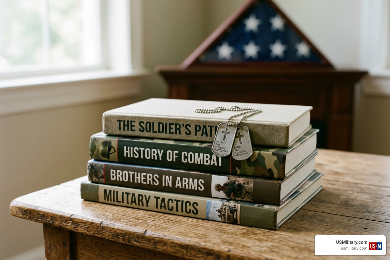 Military faith and leadership books beside dog tags Military faith and leadership books beside dog tags