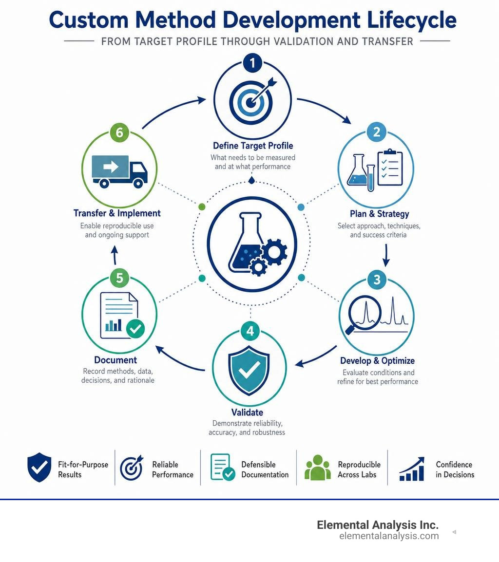 Custom method development lifecycle from target profile through validation and transfer infographic Custom method development lifecycle from target profile through validation and transfer infographic