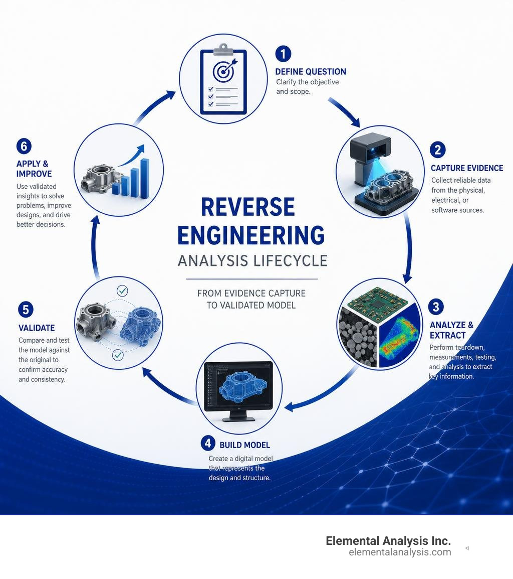 Reverse engineering analysis lifecycle from evidence capture to validated model infographic Reverse engineering analysis lifecycle from evidence capture to validated model infographic