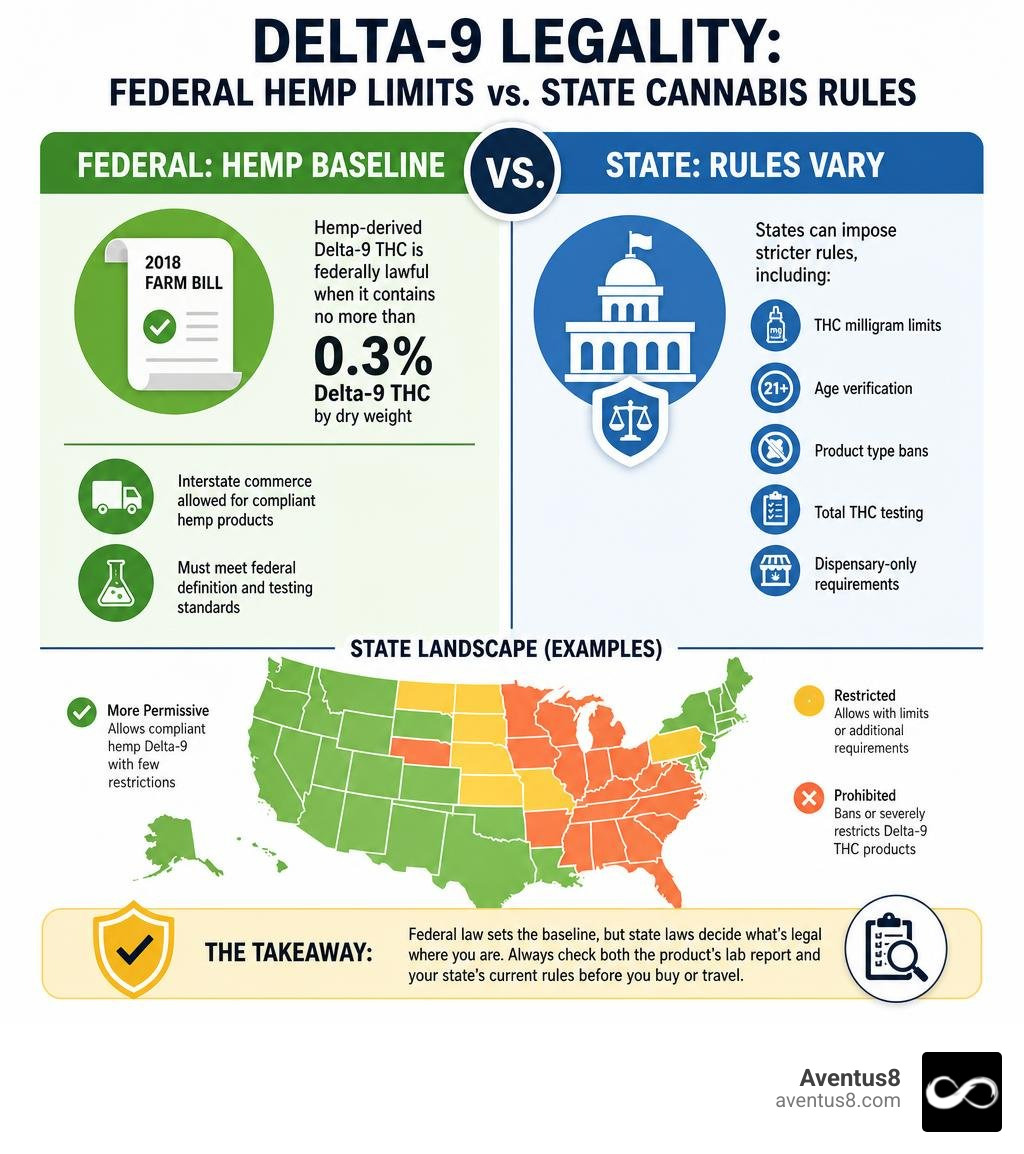 Infographic comparing federal hemp Delta-9 limits with state cannabis rules infographic