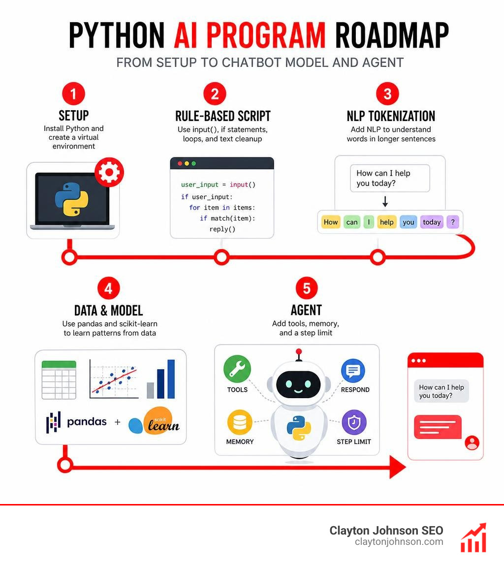 Python AI program roadmap from setup to chatbot model and agent infographic