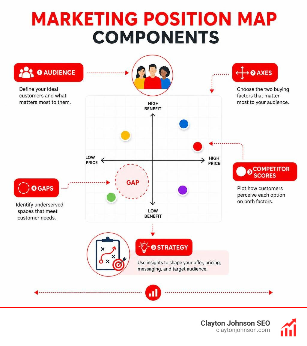 Marketing position map components: audience, axes, competitor scores, gaps, and strategy infographic
