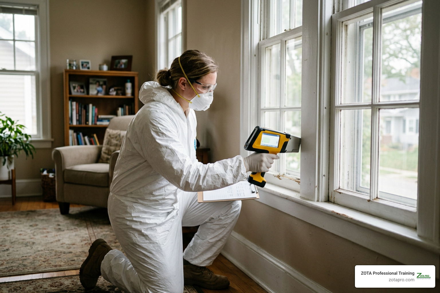 certified lead inspector using an XRF analyzer on a window frame certified lead inspector using an XRF analyzer on a window frame