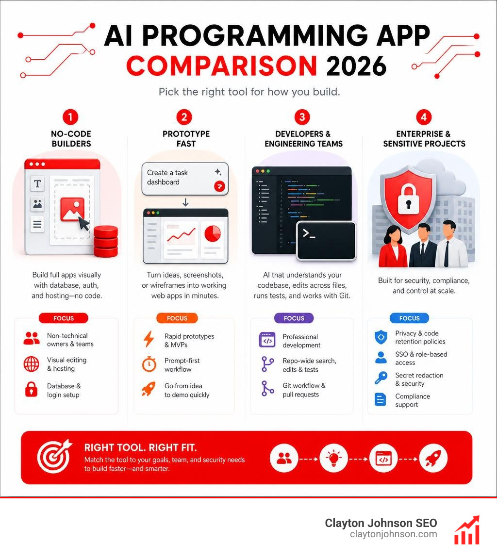 AI programming app comparison for no-code builders, prototypes, developers, and enterprise teams infographic AI programming app comparison for no-code builders, prototypes, developers, and enterprise teams infographic