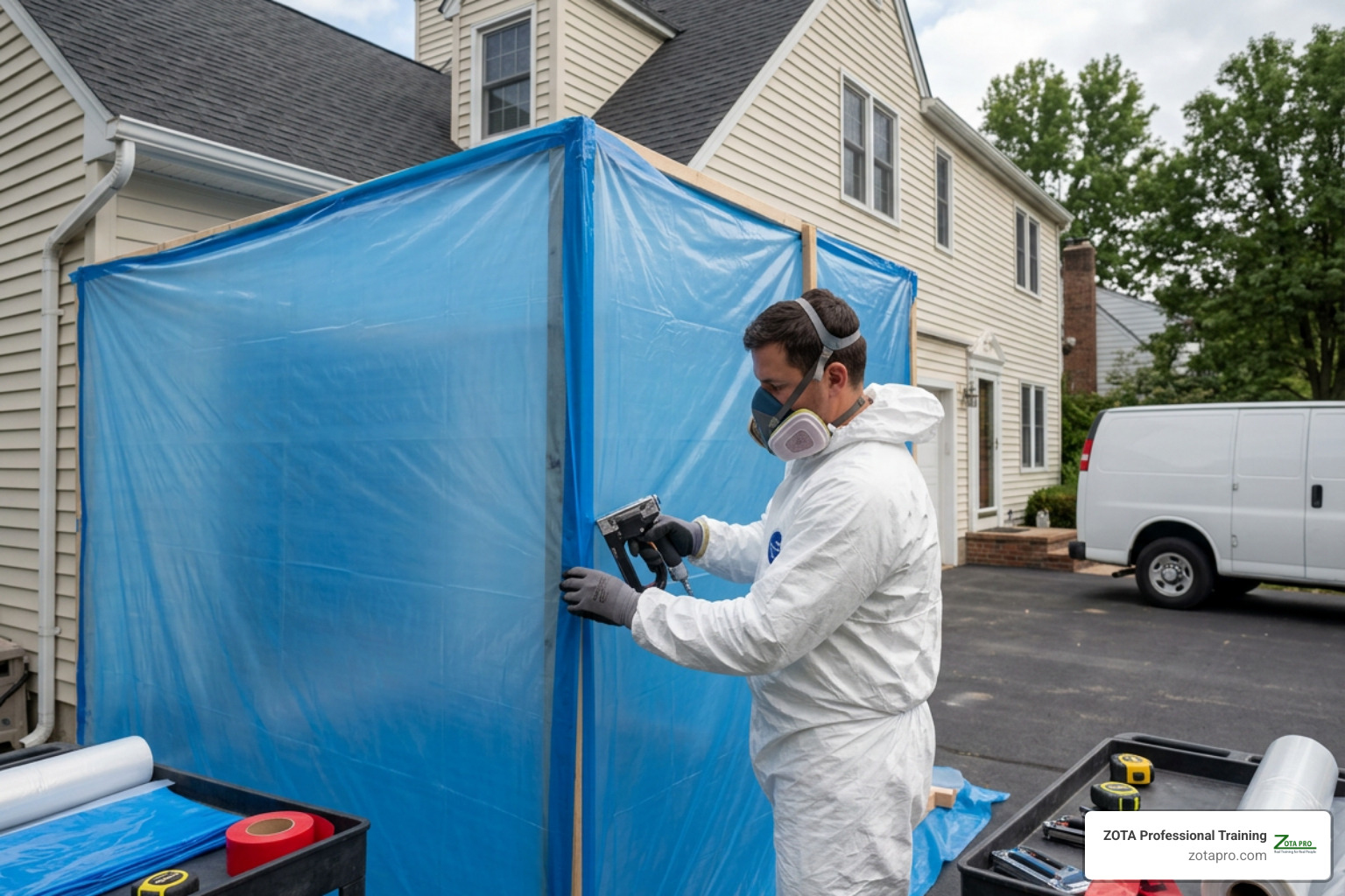 certified renovator setting up plastic containment barriers on a residential job site certified renovator setting up plastic containment barriers on a residential job site