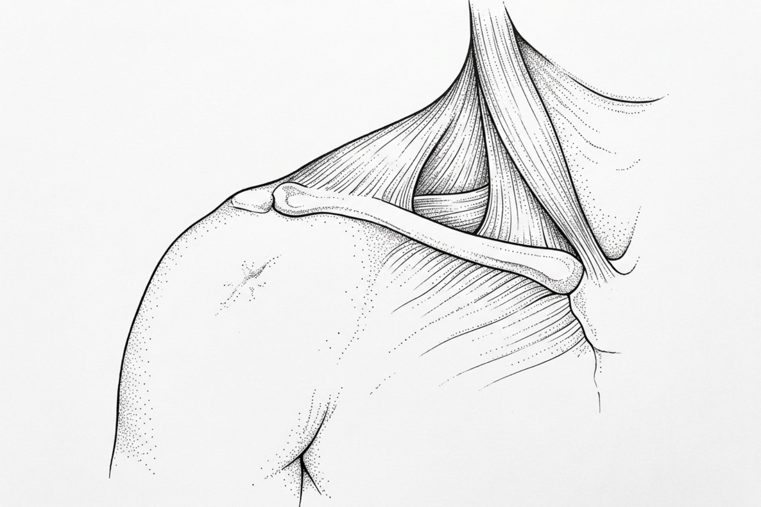 pen and ink medical illustration of a patient's shoulder and neck with a small scar