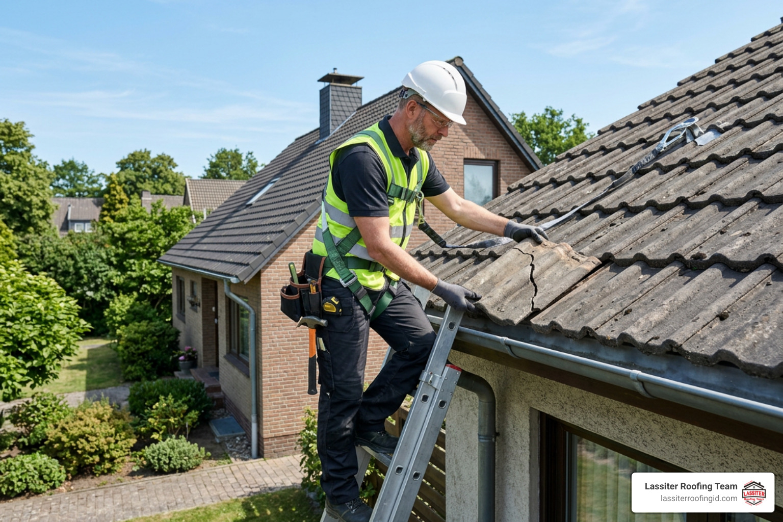 technician assessing roof tile damage from a ladder