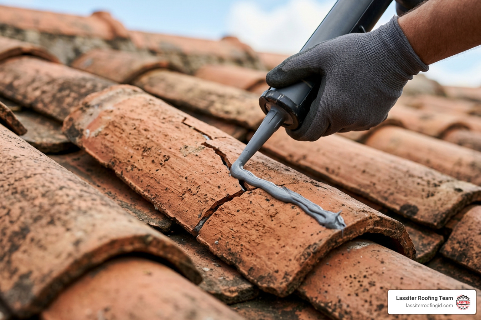 roofing adhesive applied along a fractured clay tile