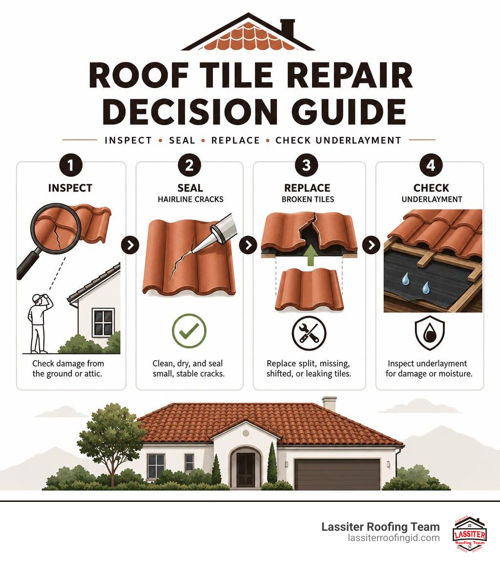 Roof tile repair decision guide: inspect, seal hairline cracks, replace broken tiles, check underlayment infographic