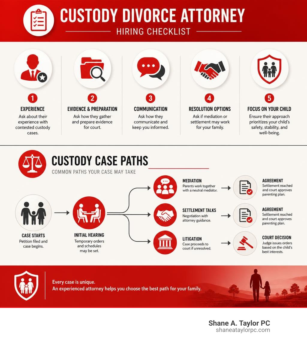 Custody divorce attorney hiring checklist and custody case paths infographic
