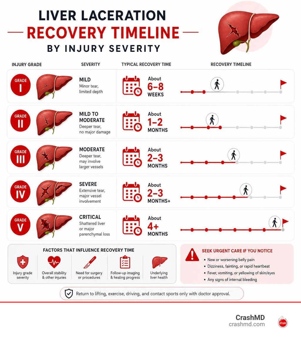 Liver laceration recovery timeline by injury severity infographic Liver laceration recovery timeline by injury severity infographic