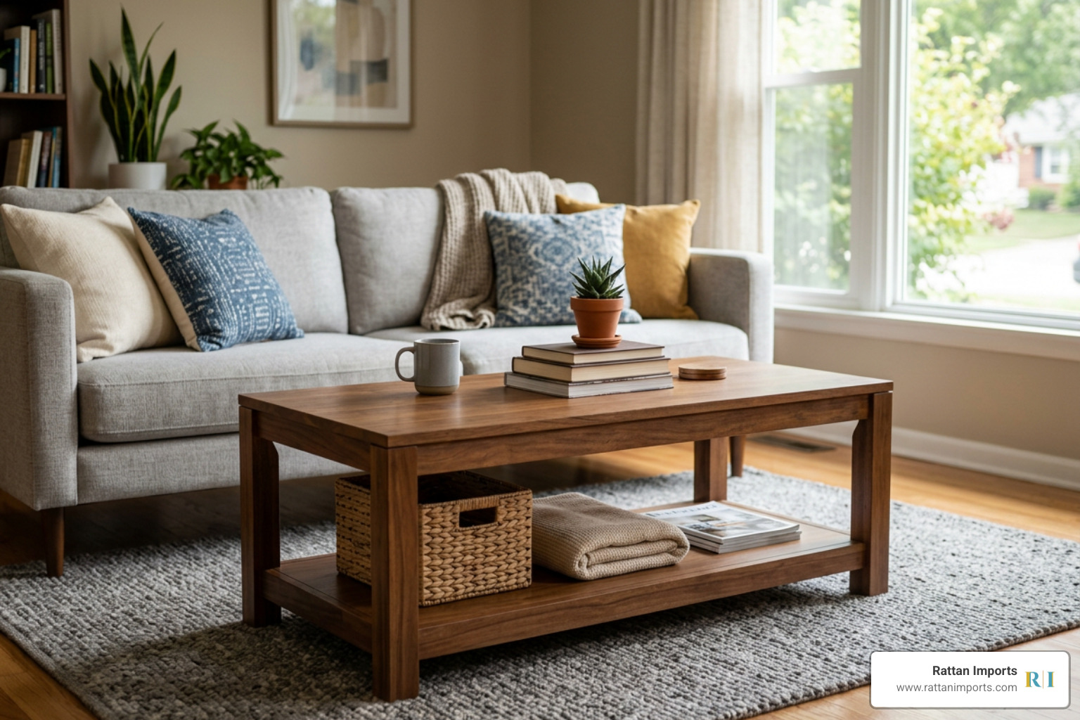 Rectangular brown coffee table with open lower storage