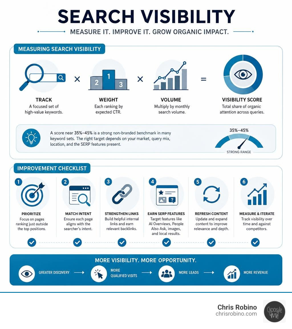 Infographic showing search visibility measurement and improvement checklist infographic