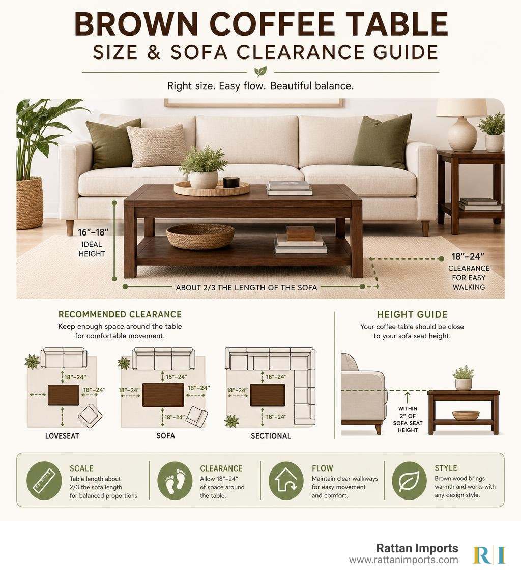 Brown coffee table size and sofa clearance guide infographic