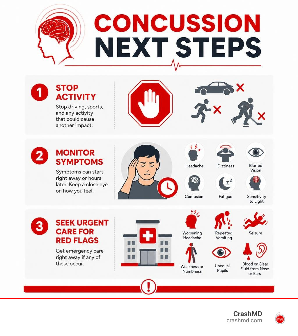Concussion next steps: stop activity, monitor symptoms, seek urgent care for red flags infographic Concussion next steps: stop activity, monitor symptoms, seek urgent care for red flags infographic