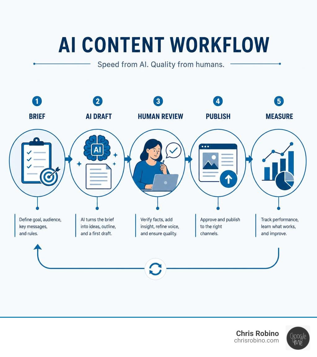 AI content workflow: brief, AI draft, human review, publish and measure infographic