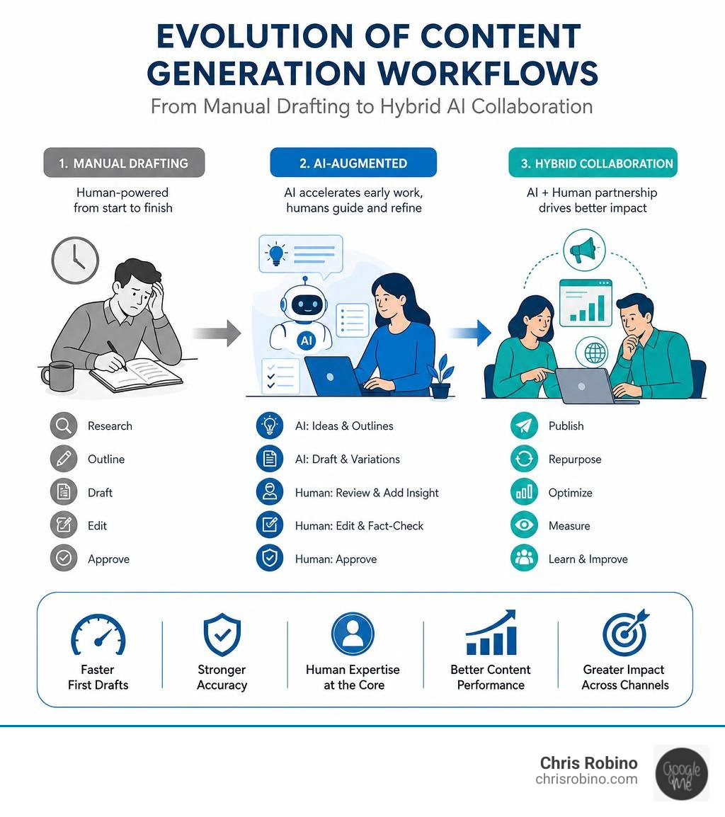 Evolution of content generation workflows from manual drafting to hybrid AI collaboration infographic