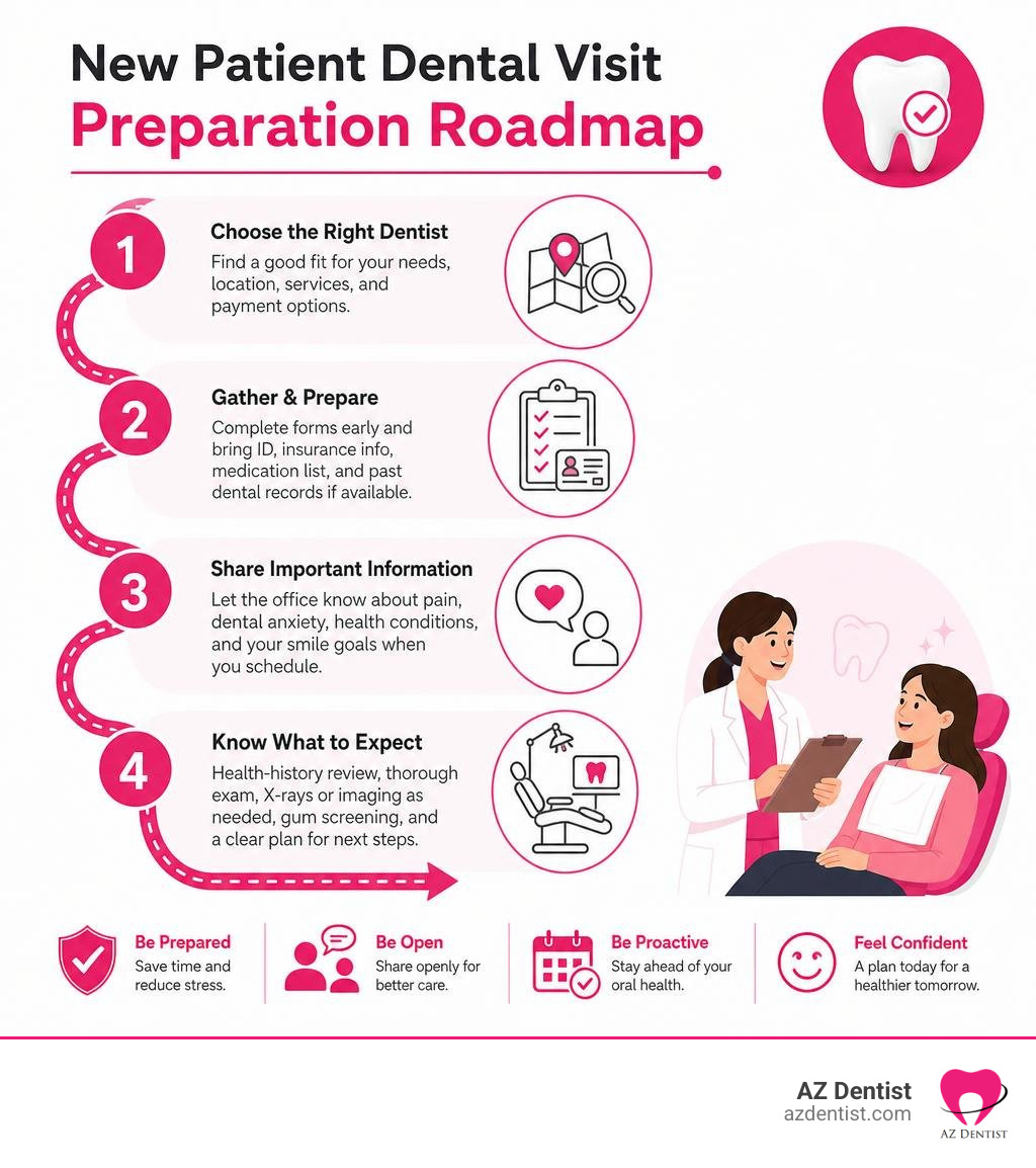 New patient dental visit preparation roadmap infographic