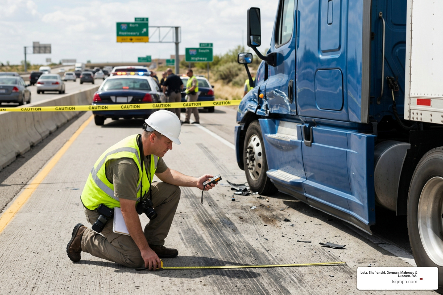 accident reconstruction specialist examining physical evidence from a commercial truck crash accident reconstruction specialist examining physical evidence from a commercial truck crash