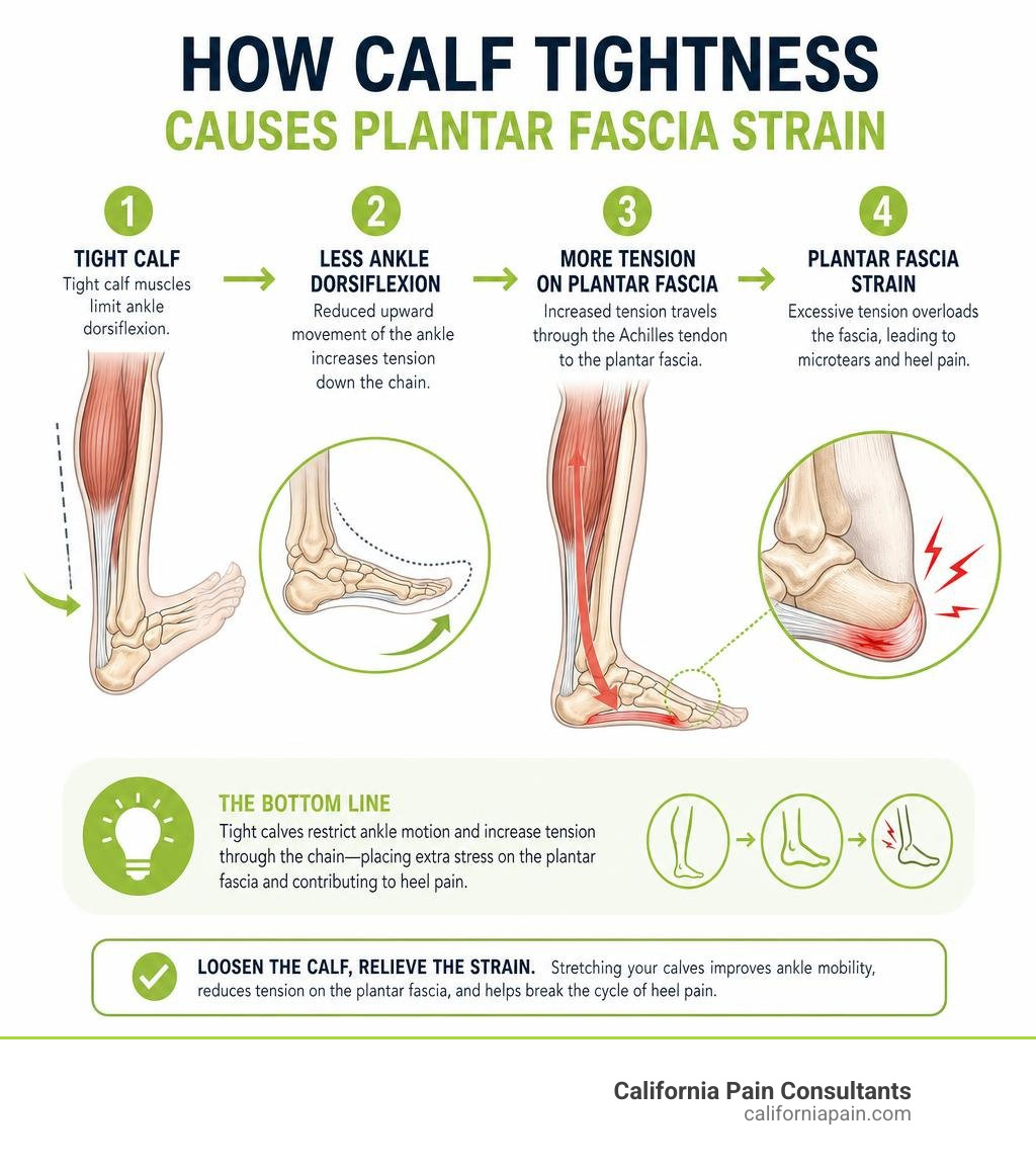 infographic explaining how calf tightness causes plantar fascia strain infographic infographic explaining how calf tightness causes plantar fascia strain infographic