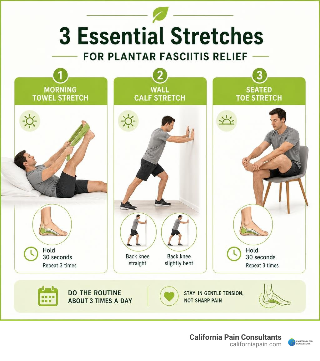 Infographic showing morning towel stretch, wall calf stretch, and seated toe stretch infographic Infographic showing morning towel stretch, wall calf stretch, and seated toe stretch infographic