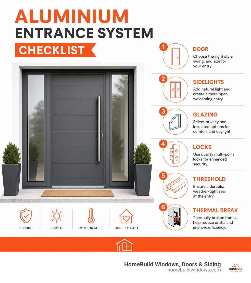 Aluminium entrance system checklist: door, sidelights, glazing, locks, threshold and thermal break infographic
