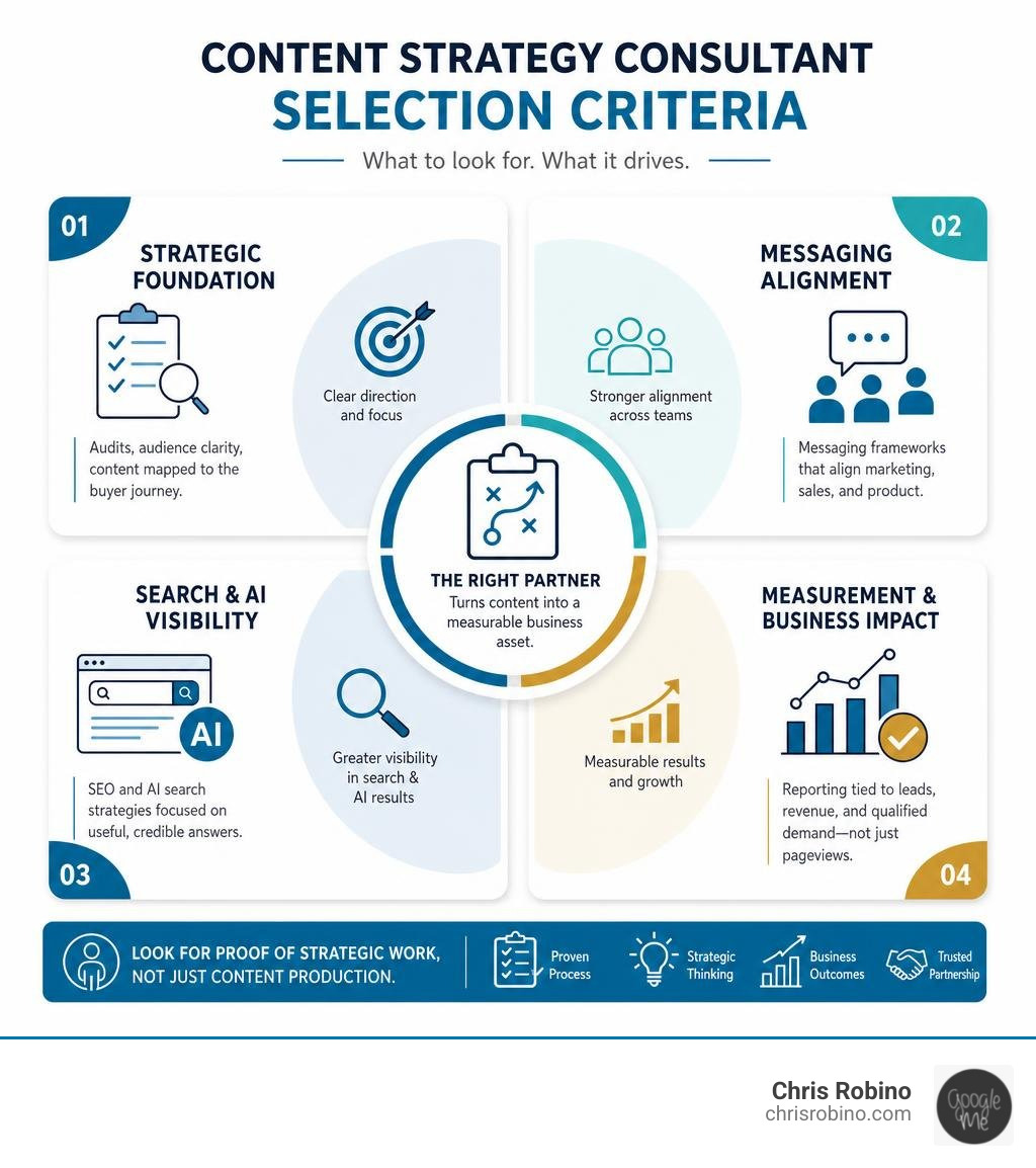 Infographic comparing content strategy consultant selection criteria infographic
