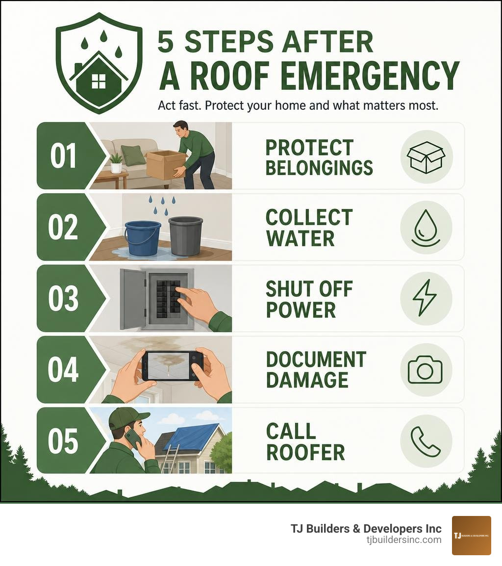 Five steps: protect belongings, collect water, shut off power, document damage, call roofer infographic Five steps: protect belongings, collect water, shut off power, document damage, call roofer infographic
