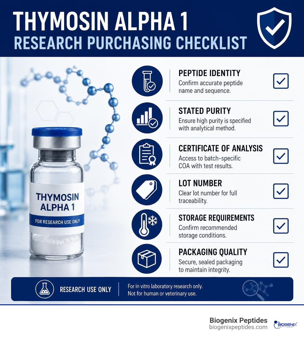 Thymosin alpha 1 research purchasing checklist infographic Thymosin alpha 1 research purchasing checklist infographic