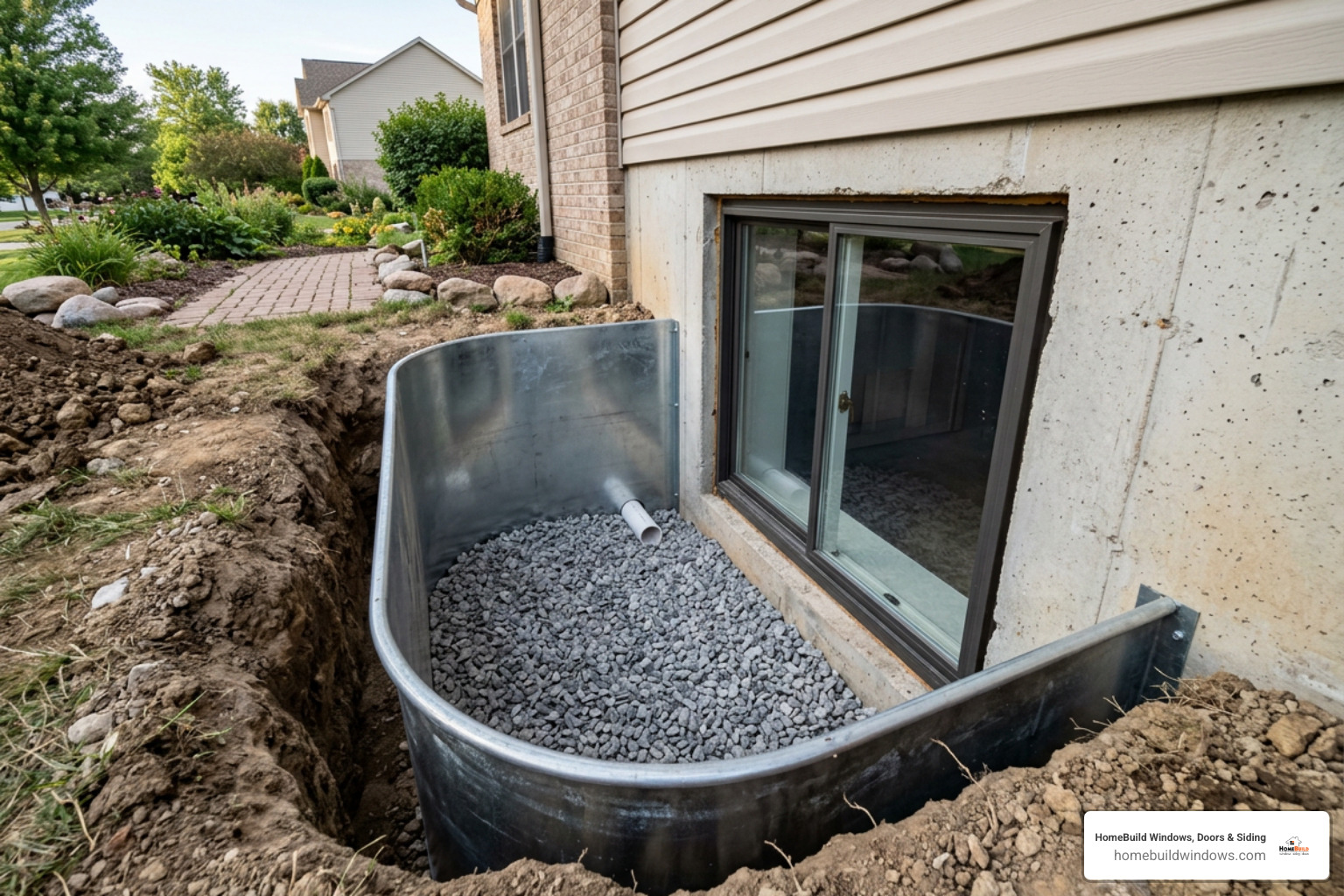 Excavated egress window well with gravel drainage bed and steel well liner