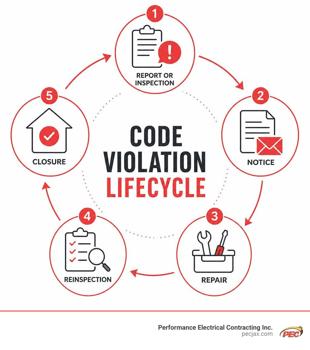 Code violation lifecycle from report or inspection through notice, repair, reinspection, and closure infographic